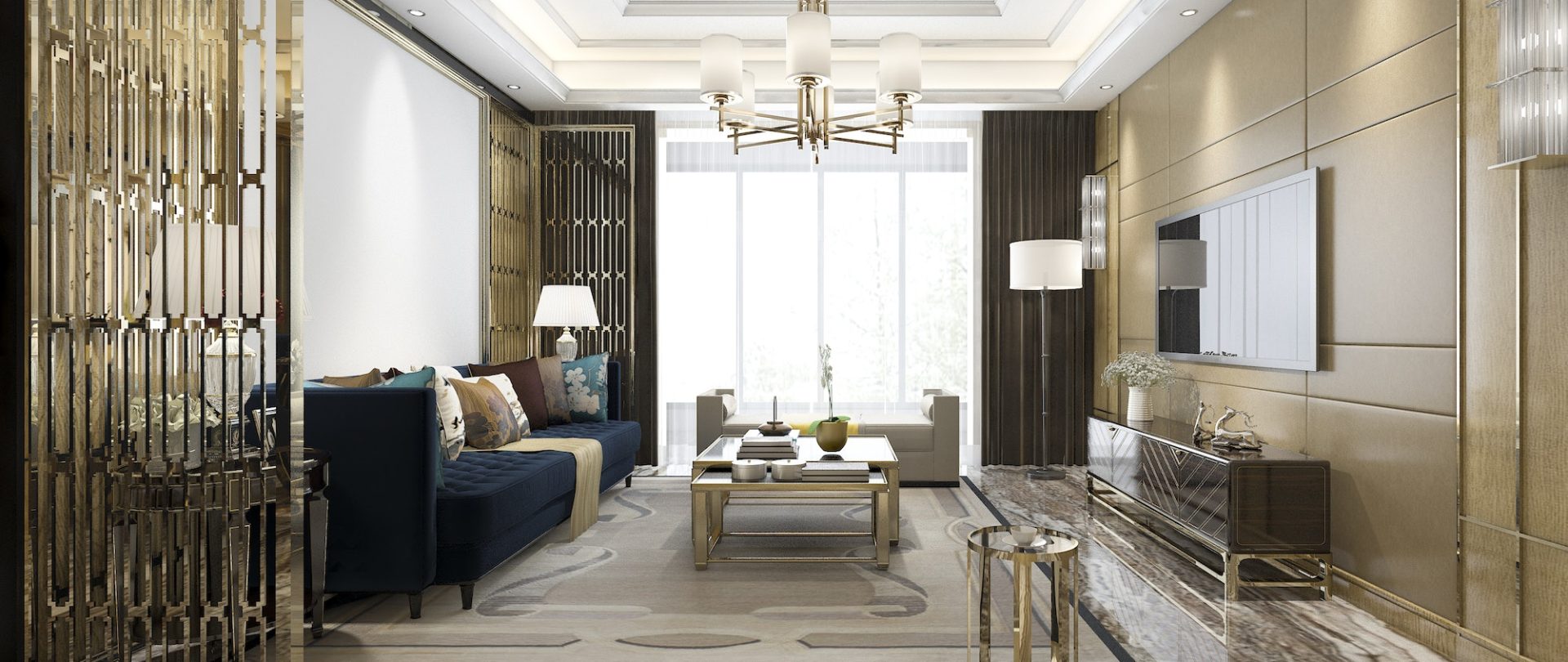 3d rendering luxury classic living room with marble tile and bookshelf